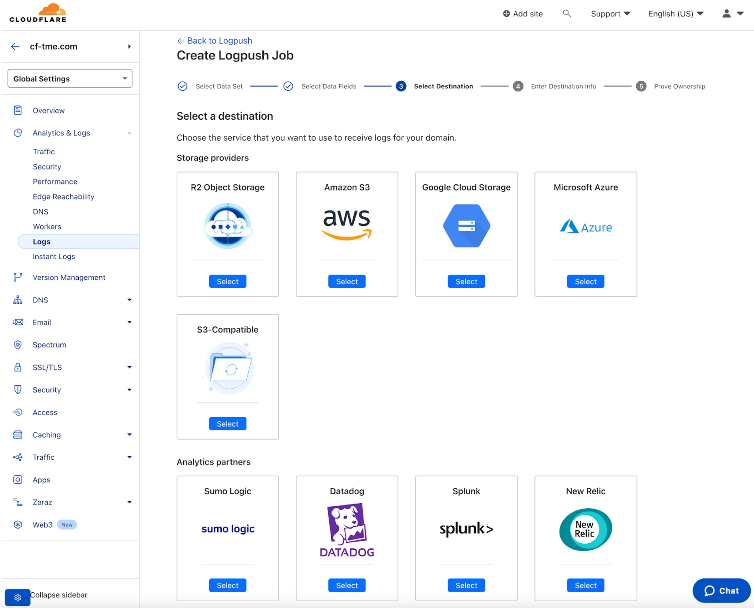 Figure 8 Figure 8: Cloudflare Logpush for exporting logs to external destinations